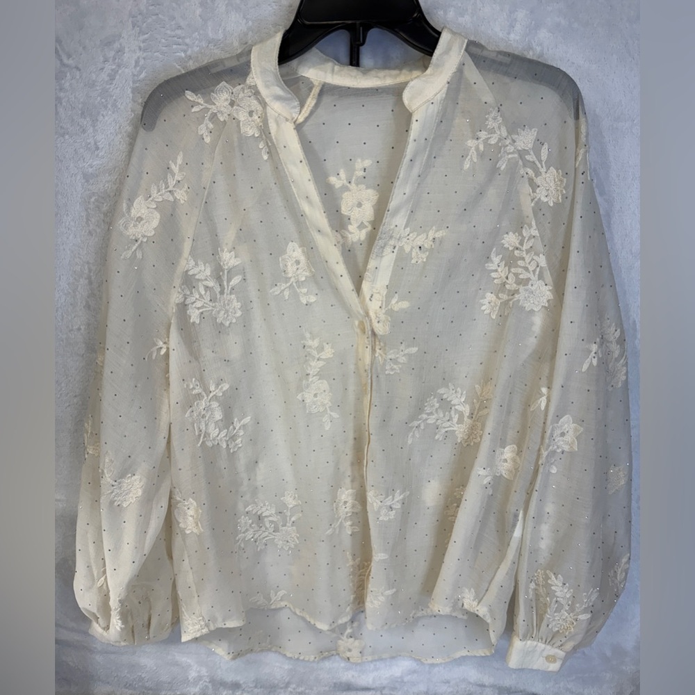 VTG Sheer Ivory Silver Studded Full Floral Embroidered Blouse XL Sz 12 Romantic
